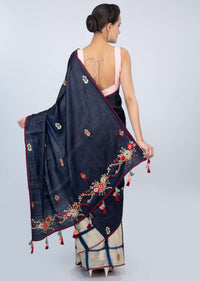 Half and tussar silk saree with batik print in checks and floral embroidered butti only on kalki