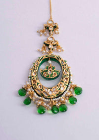 Half moon shape maang tikka in jade green semi precious stone and bead only on Kalki