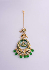 Half moon shape maang tikka in jade green semi precious stone and bead only on Kalki