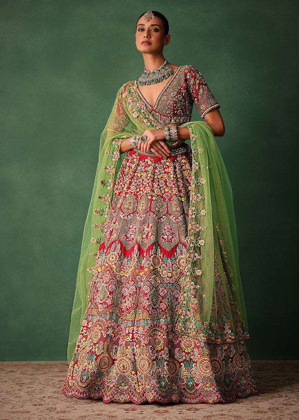 Hand Embroidered Multicolour Thread Work Red Bridal Lehenga Set With Dupatta