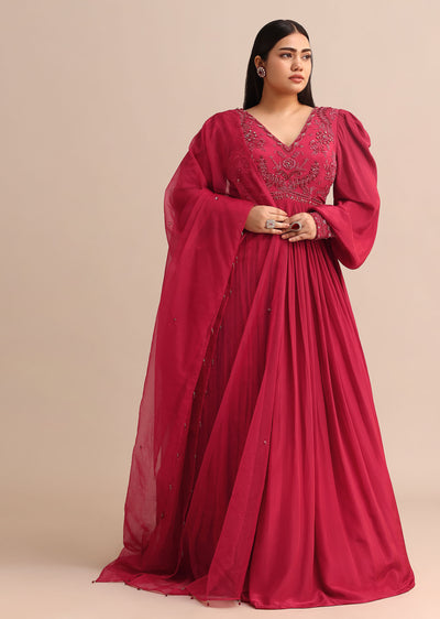 Hand Embroidery Red Anarkali Suit With Organza Dupatta