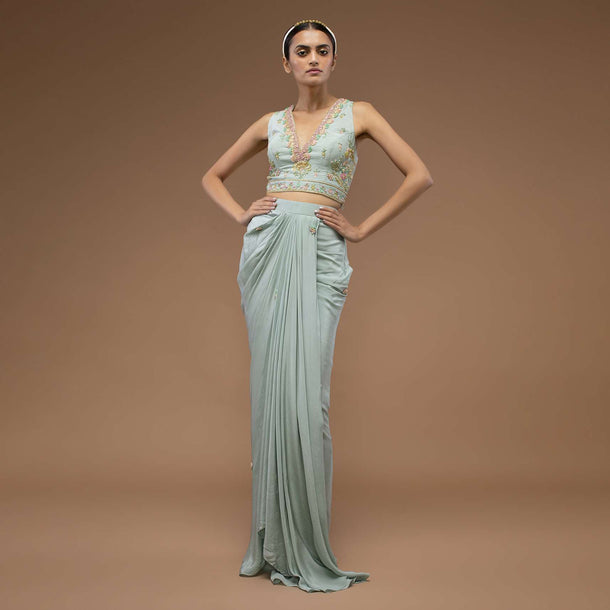 Harbor Grey-Green Mermaid Skirt And A Crop Top Set In 3D Cut Dana Motifs Embroidery, Paired With A Crop Top With A Plunging V Neckline