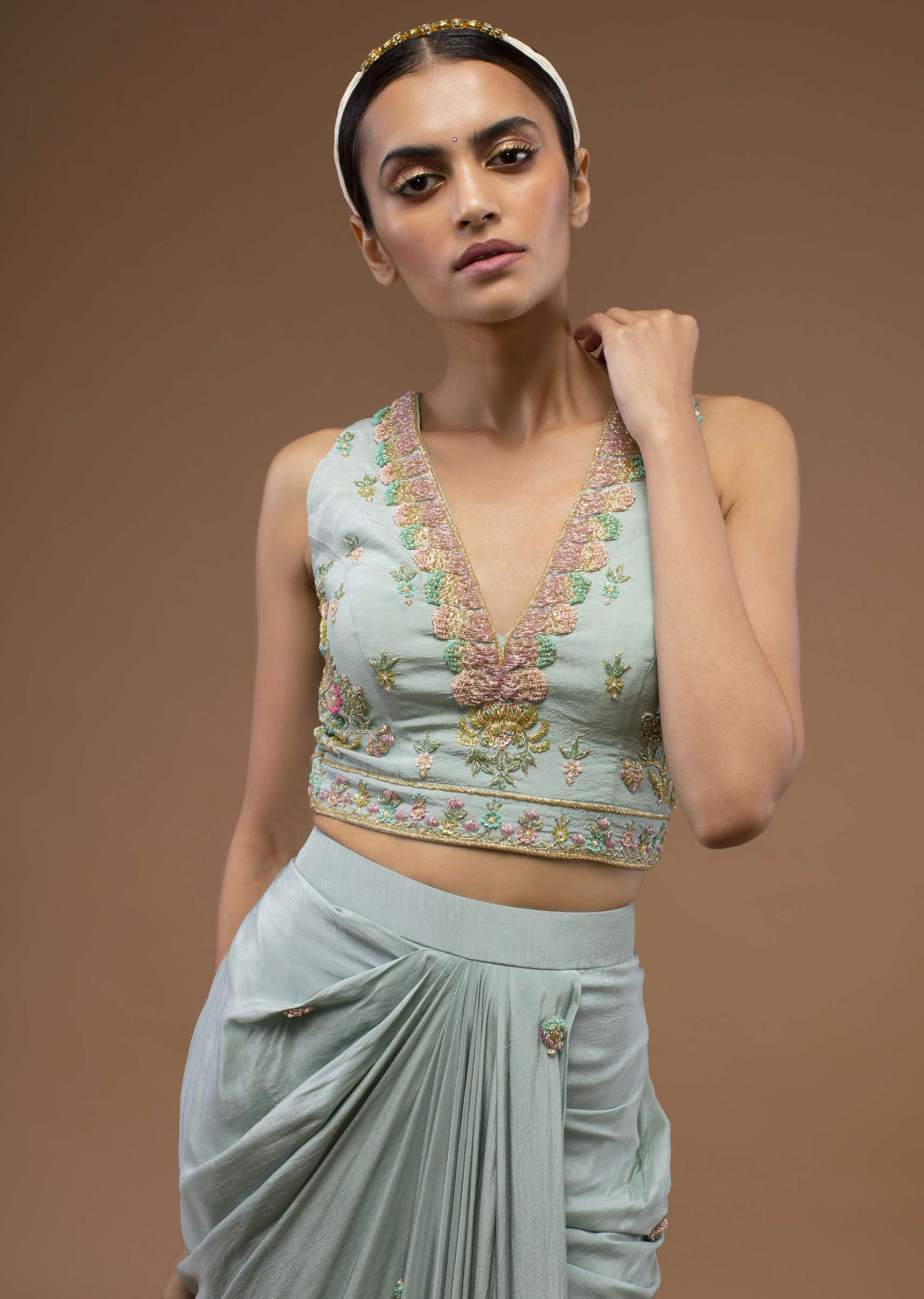 Harbor Grey-Green Mermaid Skirt And A Crop Top Set In 3D Cut Dana Motifs Embroidery, Paired With A Crop Top With A Plunging V Neckline