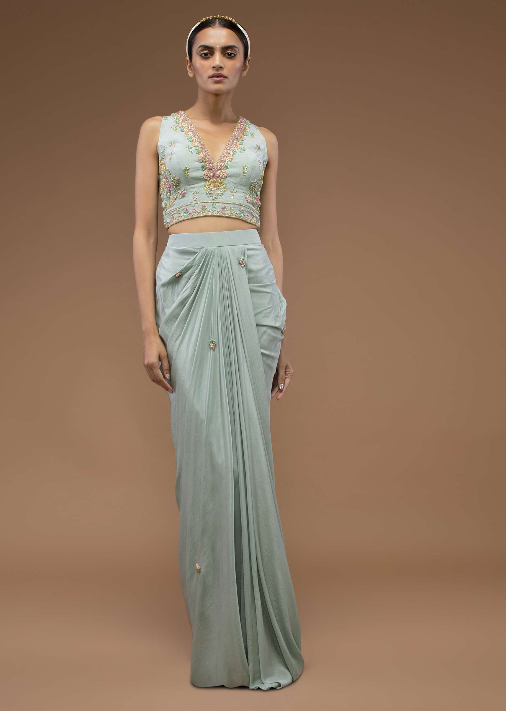 Harbor Grey-Green Mermaid Skirt And A Crop Top Set In 3D Cut Dana Motifs Embroidery, Paired With A Crop Top With A Plunging V Neckline