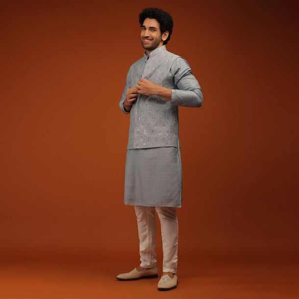 Harbor Grey Nehru Jacket And Kurta Set In Art Silk Wuth Mirror Abla Embroidery