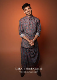 Maroon Nehru Jacket And Kurta Set In Ajrak And Chevron Print, Matching Print Kurta In Full Sleeves