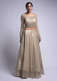 Hazelwood Gold Lehenga And Crop Top With A Long Back And 3D Floral Embroidery Online - Kalki Fashion