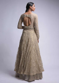 Hazelwood Gold Lehenga And Crop Top With A Long Back And 3D Floral Embroidery Online - Kalki Fashion