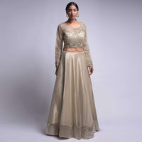 Hazelwood Gold Lehenga And Crop Top With A Long Back And 3D Floral Embroidery Online - Kalki Fashion