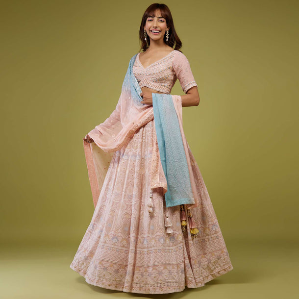 Candy Pink Embroidered Lehenga Set In Georgette