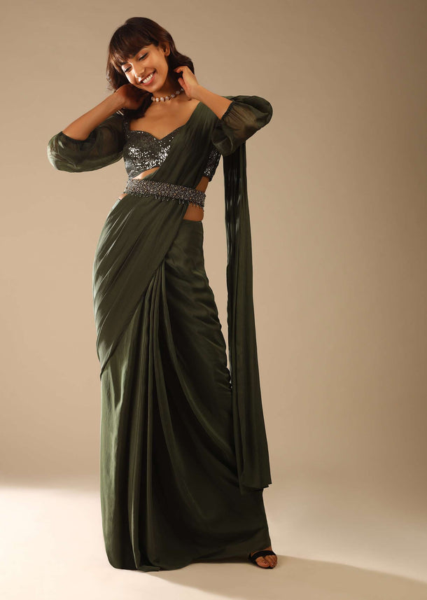 Henna Green Ready Pleated Saree In Crepe With Moti Embroidered Belt And Balloon Sleeves Blouse