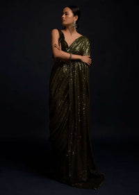 Henna Green Ready Pleated Saree Embellished In Sequins With A Matching Velvet Blouse With Plunging Neckline