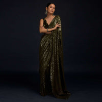 Henna Green Ready Pleated Saree Embellished In Sequins With A Matching Velvet Blouse With Plunging Neckline