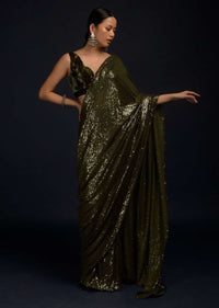 Henna Green Ready Pleated Saree Embellished In Sequins With A Matching Velvet Blouse With Plunging Neckline