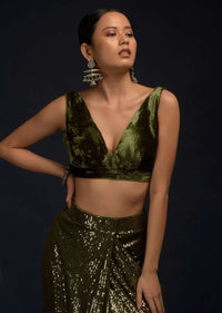 Henna Green Ready Pleated Saree Embellished In Sequins With A Matching Velvet Blouse With Plunging Neckline