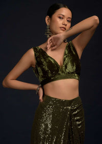 Henna Green Ready Pleated Saree Embellished In Sequins With A Matching Velvet Blouse With Plunging Neckline