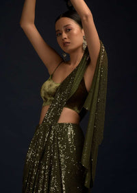 Henna Green Ready Pleated Saree Embellished In Sequins With Fancy Pallu And Cowl Drape Along With Velvet Blouse Online - Kalki Fashion