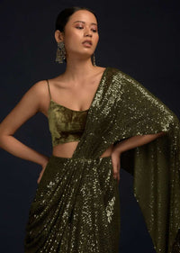 Henna Green Ready Pleated Saree Embellished In Sequins With Fancy Pallu And Cowl Drape Along With Velvet Blouse Online - Kalki Fashion