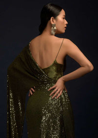 Henna Green Ready Pleated Saree Embellished In Sequins With Fancy Pallu And Cowl Drape Along With Velvet Blouse Online - Kalki Fashion