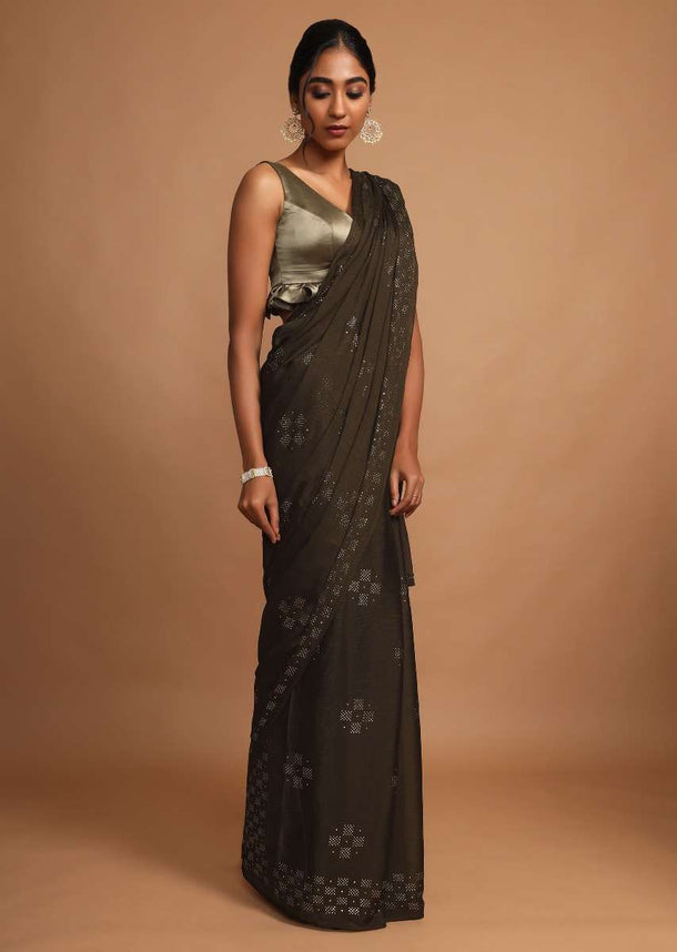 Henna Green Saree In Chinon Chiffon With Badla Work In Geometric Motifs Online - Kalki Fashion