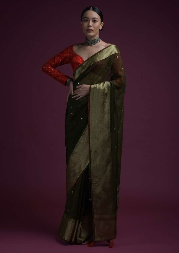 Henna Green Saree In Organza Silk With Abla Embroidered Buttis And Unstitched Red Brocade Blouse Online - Kalki Fashion