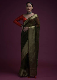 Henna Green Saree In Organza Silk With Abla Embroidered Buttis And Unstitched Red Brocade Blouse Online - Kalki Fashion