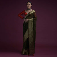 Henna Green Saree In Organza Silk With Abla Embroidered Buttis And Unstitched Red Brocade Blouse Online - Kalki Fashion