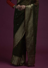 Henna Green Saree In Organza Silk With Abla Embroidered Buttis And Unstitched Red Brocade Blouse Online - Kalki Fashion