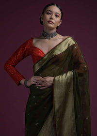 Henna Green Saree In Organza Silk With Abla Embroidered Buttis And Unstitched Red Brocade Blouse Online - Kalki Fashion