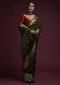 Henna Green Saree In Organza Silk With Abla Embroidered Buttis And Unstitched Red Brocade Blouse Online - Kalki Fashion