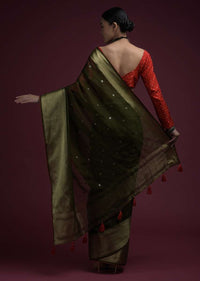 Henna Green Saree In Organza Silk With Abla Embroidered Buttis And Unstitched Red Brocade Blouse Online - Kalki Fashion