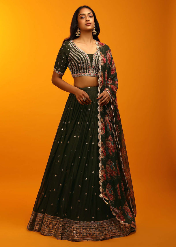 Henna Green Lehenga Choli With Zari Embroidery And Floral Printed Dupatta