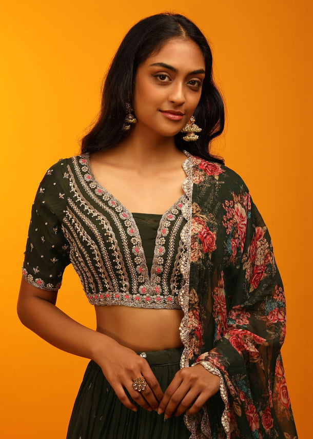 Henna Green Lehenga Choli With Zari Embroidery And Floral Printed Dupatta