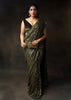 Henna Green Ready Pleated Saree Embellished In Sequins With A Matching Velvet Blouse With Plunging Neckline
