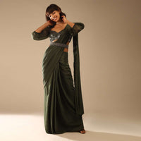 Henna Green Ready Pleated Saree In Crepe With Moti Embroidered Belt And Balloon Sleeves Blouse