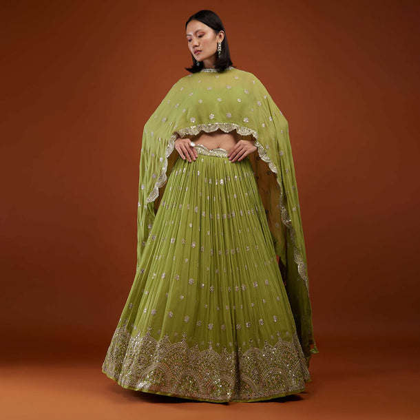 Pista Green Embroidered Lehenga In Georgette With Cape