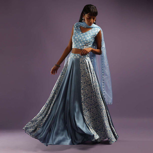 Heritage Blue Skirt In Satin Blend With Bandhani Print And Abla Embroidered Crop Top