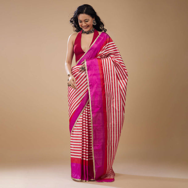 Fiery Red Printed Satin Saree With Dual Tone Stripes