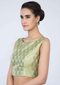 High neck apple green brocade blouse only on Kalki