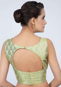 High neck apple green brocade blouse only on Kalki
