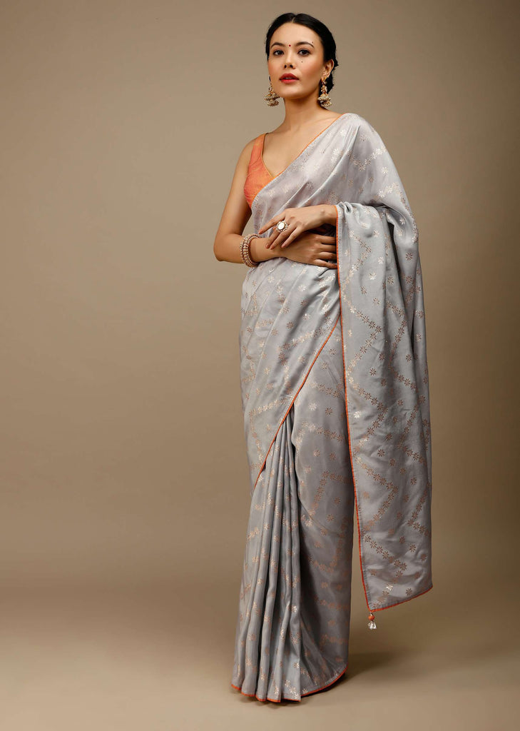 High Rise Grey Saree In Silk With Lurex Woven Floral Motifs In Chevron Pattern