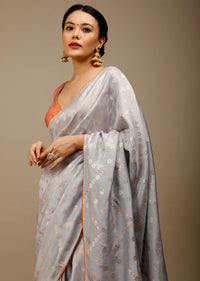 High Rise Grey Saree In Silk With Lurex Woven Floral Motifs In Chevron Pattern