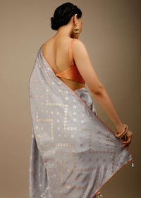 High Rise Grey Saree In Silk With Lurex Woven Floral Motifs In Chevron Pattern