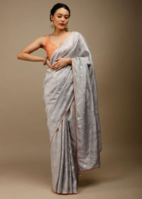 High Rise Grey Saree In Silk With Lurex Woven Floral Motifs In Chevron Pattern