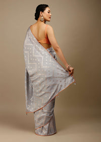 High Rise Grey Saree In Silk With Lurex Woven Floral Motifs In Chevron Pattern