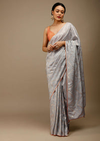 High Rise Grey Saree In Silk With Lurex Woven Floral Motifs In Chevron Pattern