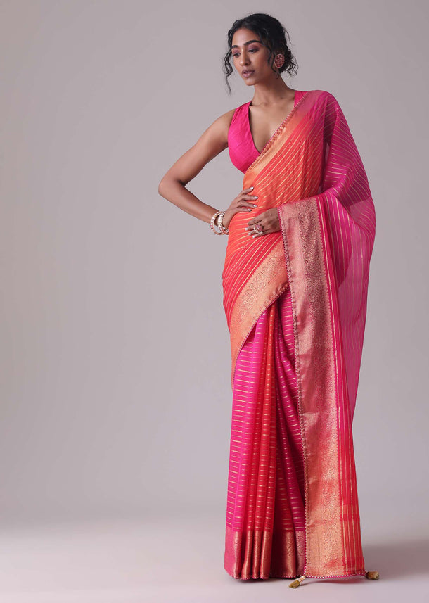 High-Risk Red Woven Ombre Saree In Organza