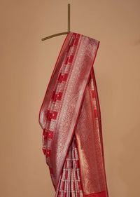 Fiery Red Zari Banarasi Saree In Katan Silk With Single Zari Work And Unstitched Blouse