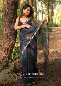 Peacock Blue Saree In Organza With Floral Print All Over And Moti Embroidered Border Along With Unstitched Blouse