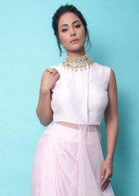 Hina Khan In Kalki Indowestern Powder Pink Skirt And Top With Pearls Embroidery